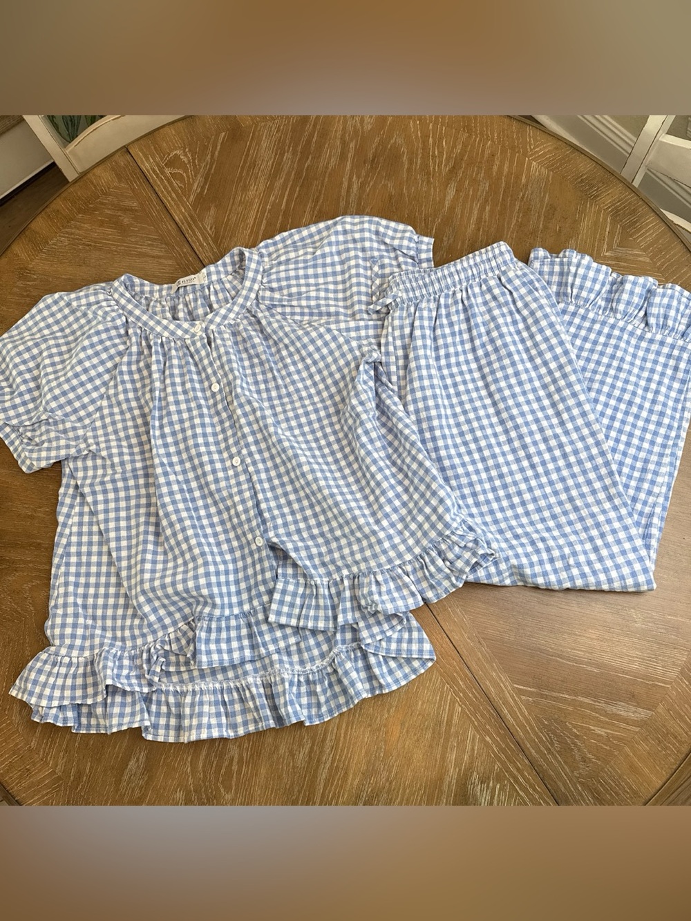 Light Blue Gingham Ruffle Pajama Set - Women